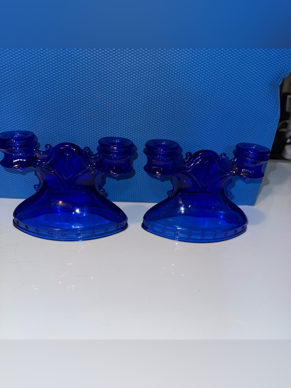 LE Smith Pair Of Cobalt Mount Pleasant Or Double Shield Candlesticks Vintage